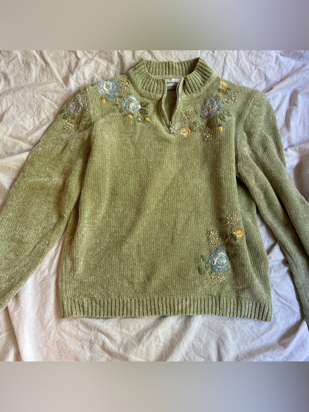 Cottagecore Sage Green Embroidered Half Zip Sweater